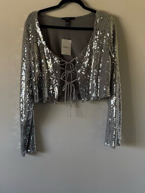 Forever 21 Silver Sequin Lace-Up Long Sleeve Crop Top